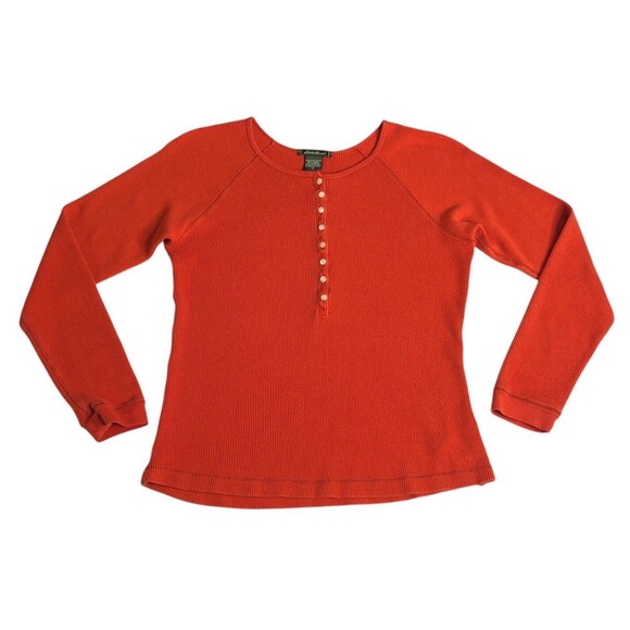 Vintage Eddie Bauer Henley Shirt Womens M Orange‎ Thermal Waffle Knit Top Y2K - Picture 1 of 9